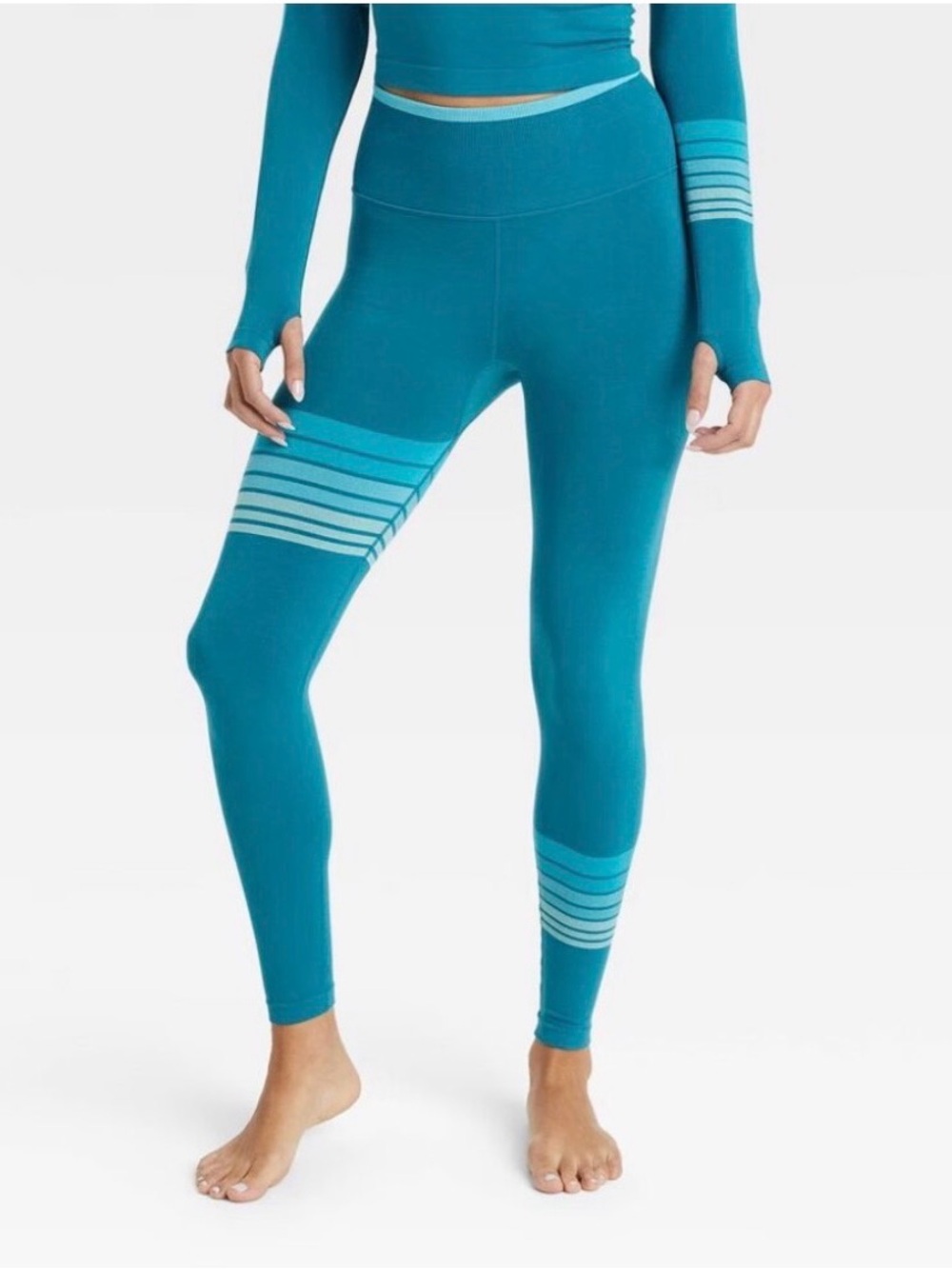 JoyLab Teal Seamless Leggings with Light-Teal Stripe Detail